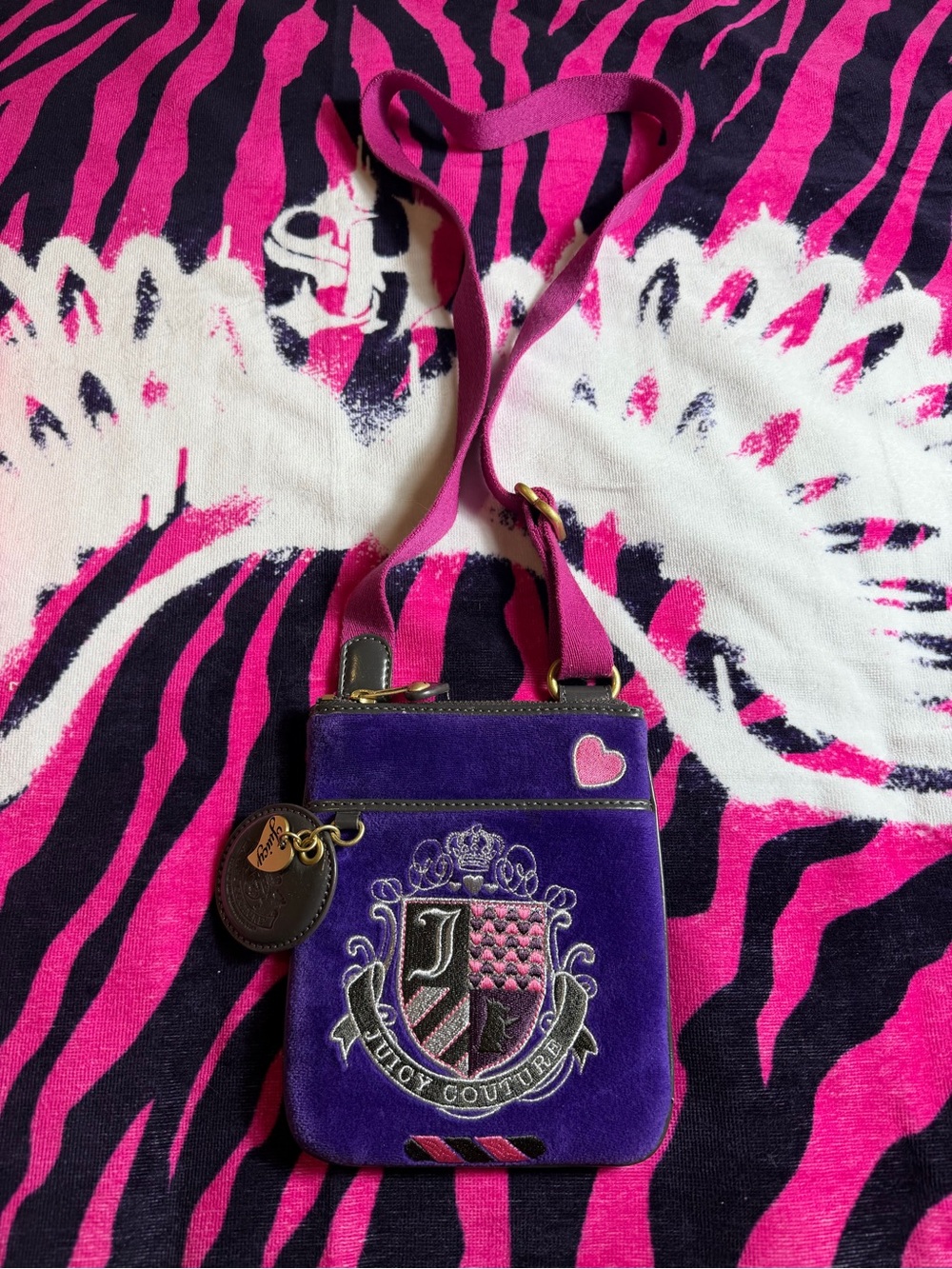 Juicy Couture Purple Velvet Crossbody with Pink Strap and Heart Accent